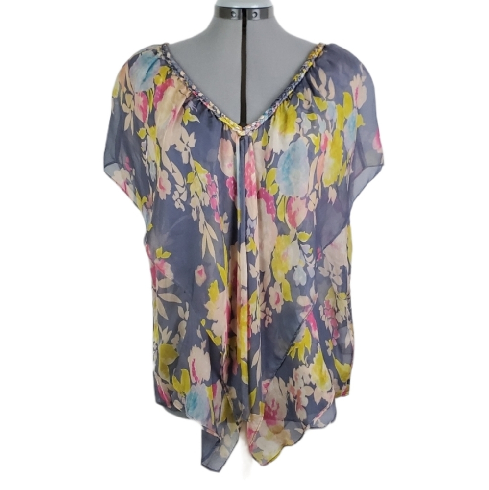 Anthropologie Floral Sheer V-Neck Blouse in Gray with Pink, Yellow & Blue